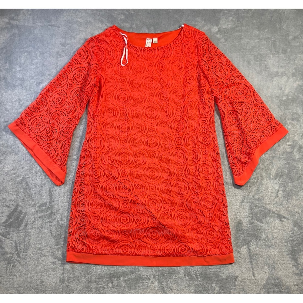 Emma & Michele Womens Bell Sleeve Crochet Overlay Shift Dress Large Orange Boho